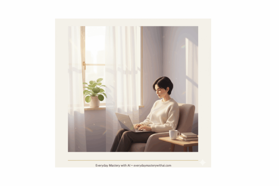 Person calmly learning about AI on laptop near a window, representing curiosity about why we fear AI.
