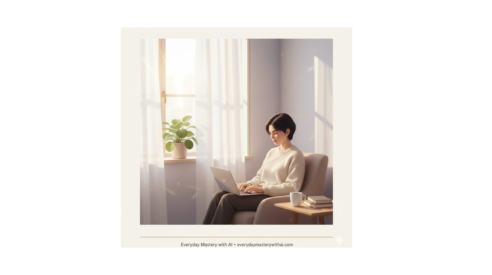 Person calmly learning about AI on laptop near a window, representing curiosity about why we fear AI.