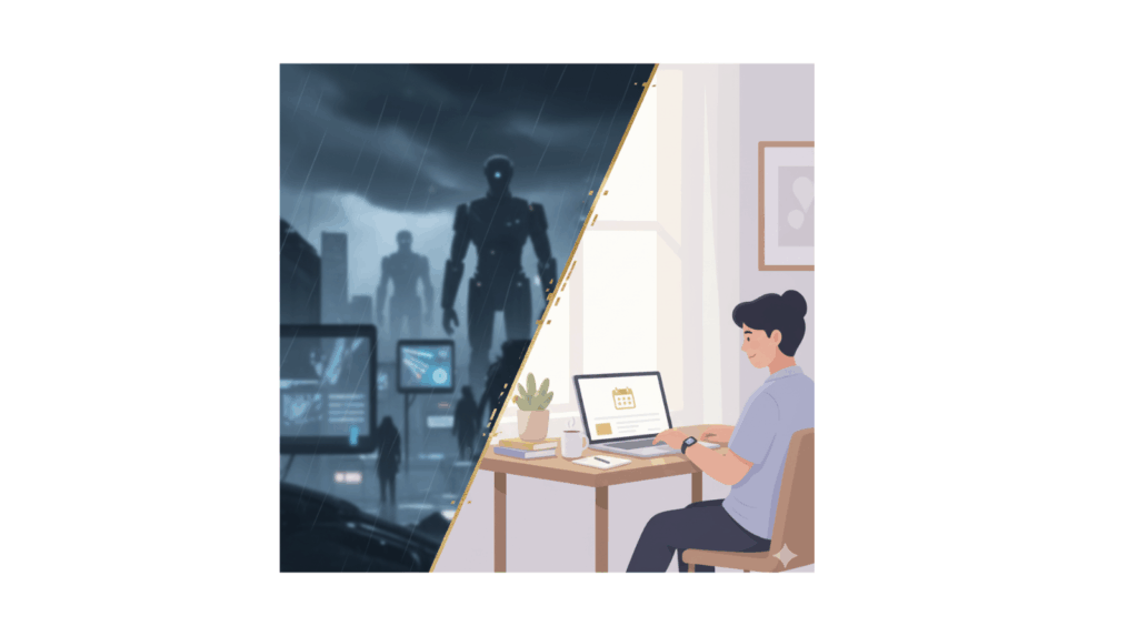 Split image showing the contrast between dystopian robot fears and calm everyday AI use, illustrating why we fear AI and how understanding reduces anxiety.